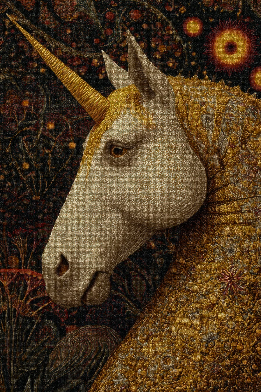 Purring unicorn in a surreal woolen tapestry scene