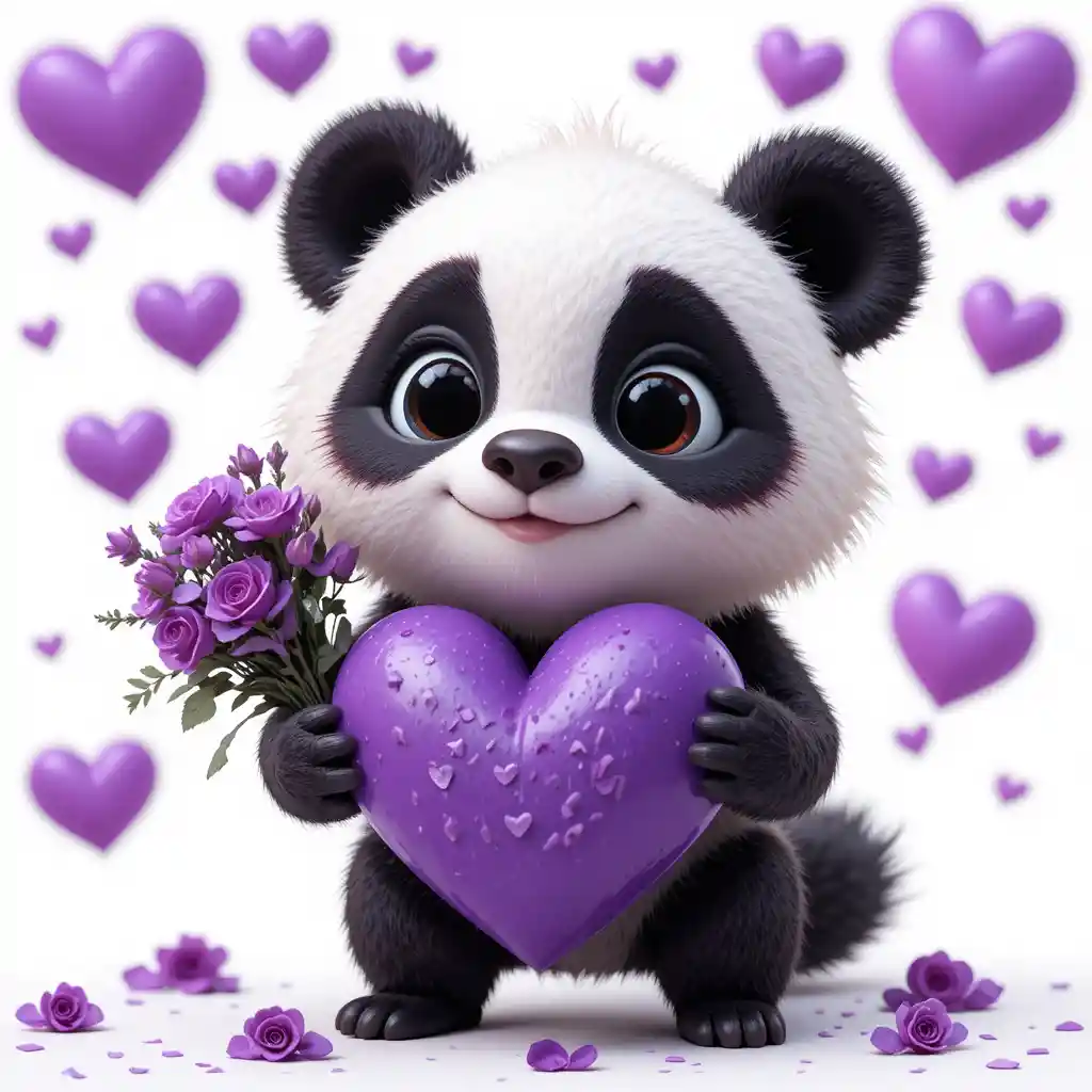 Adorable panda 3D avec cœur violet et roses
