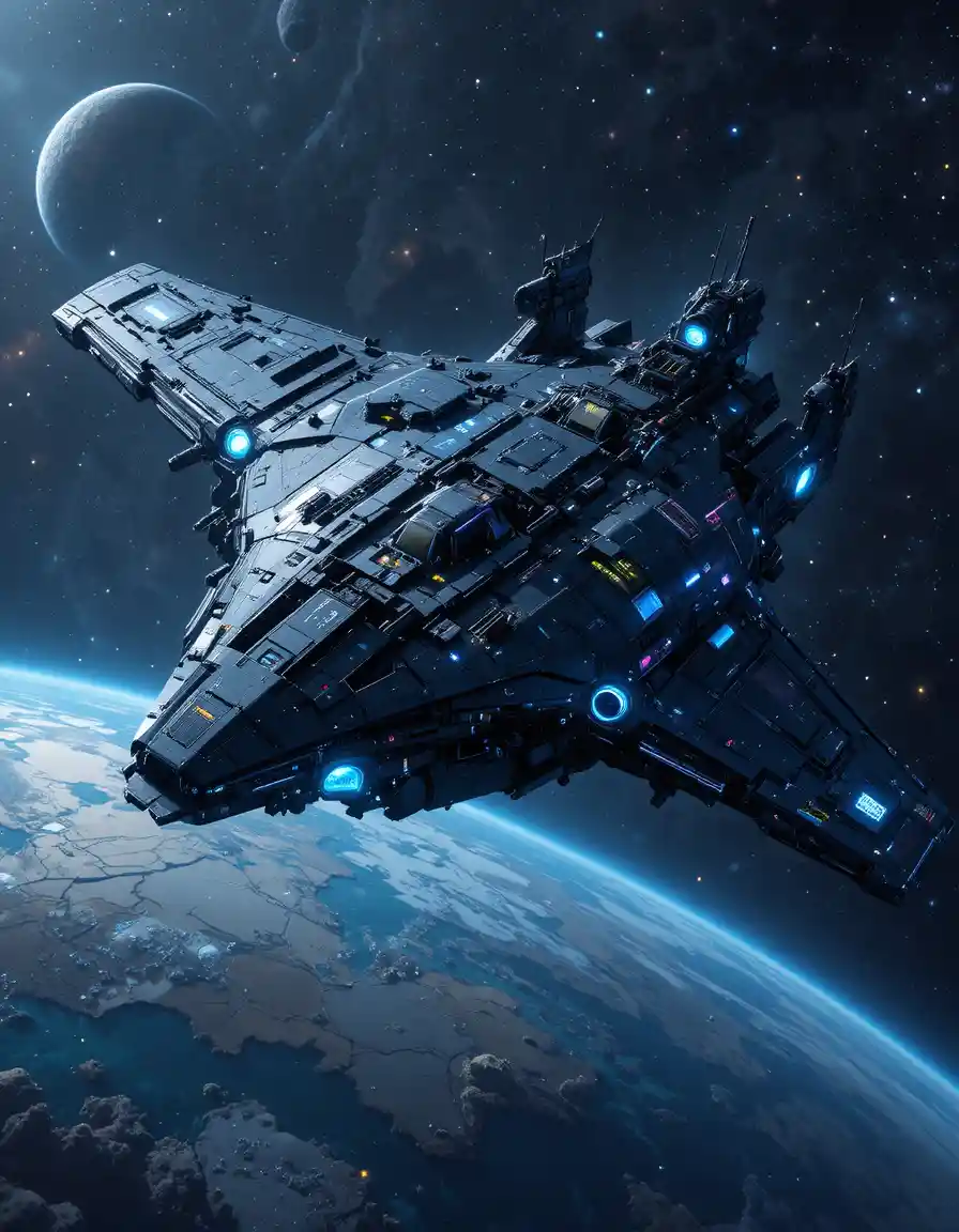 Futuristic spaceship orbiting a mysterious alien planet