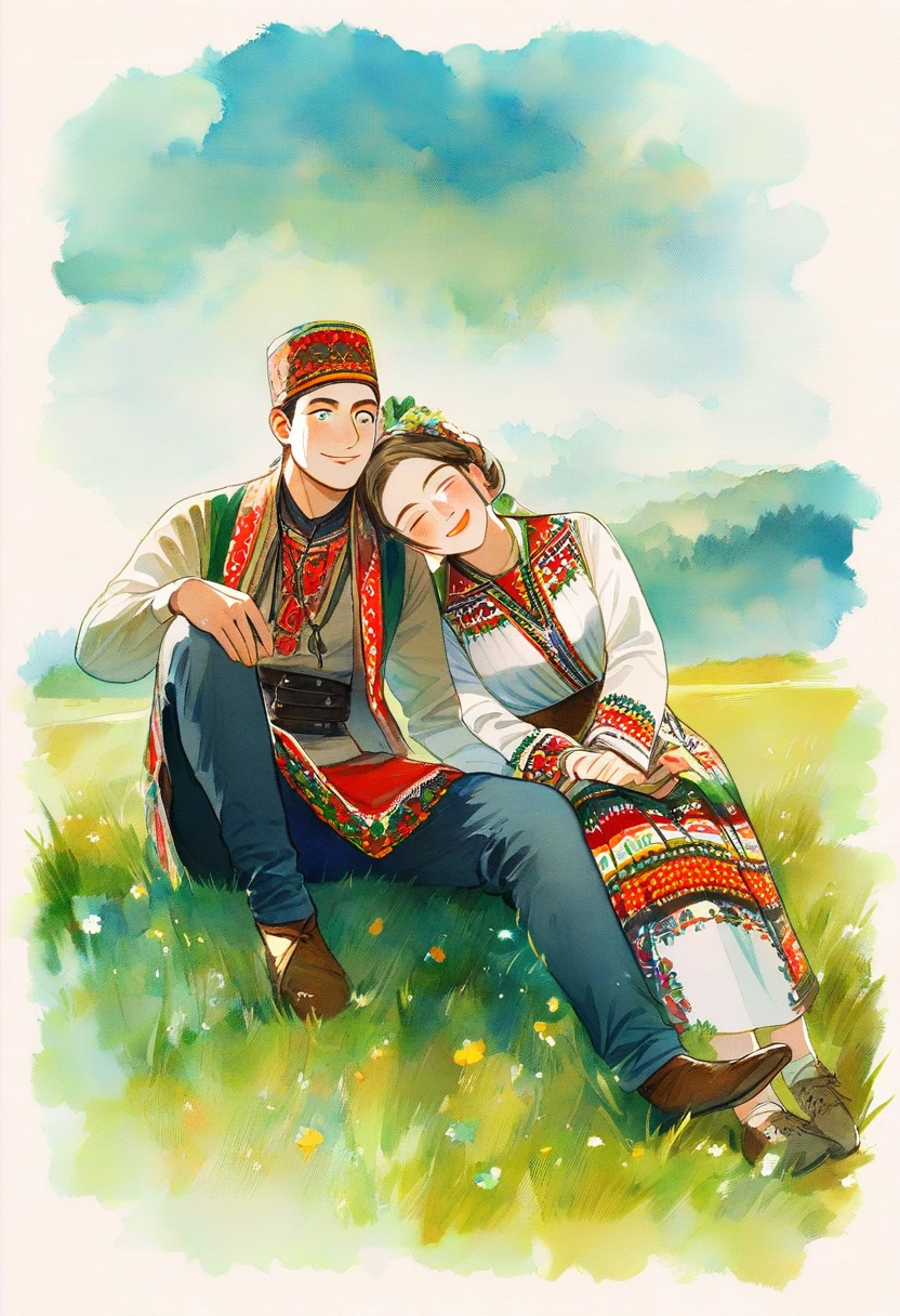 Young couple in Bulgarian folk costumes on grass