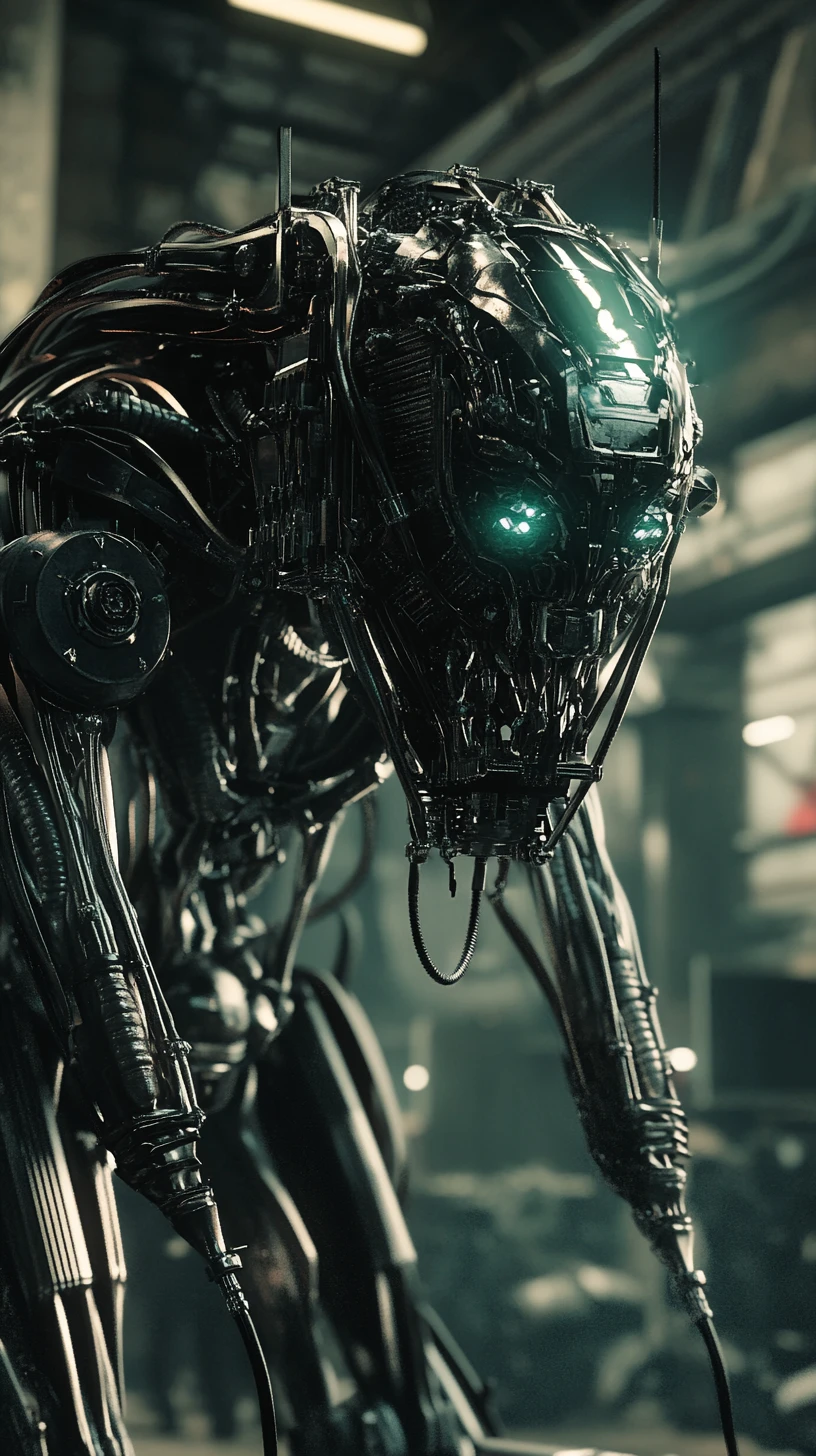 Cybernetic human fused with machinery in a dark lab
