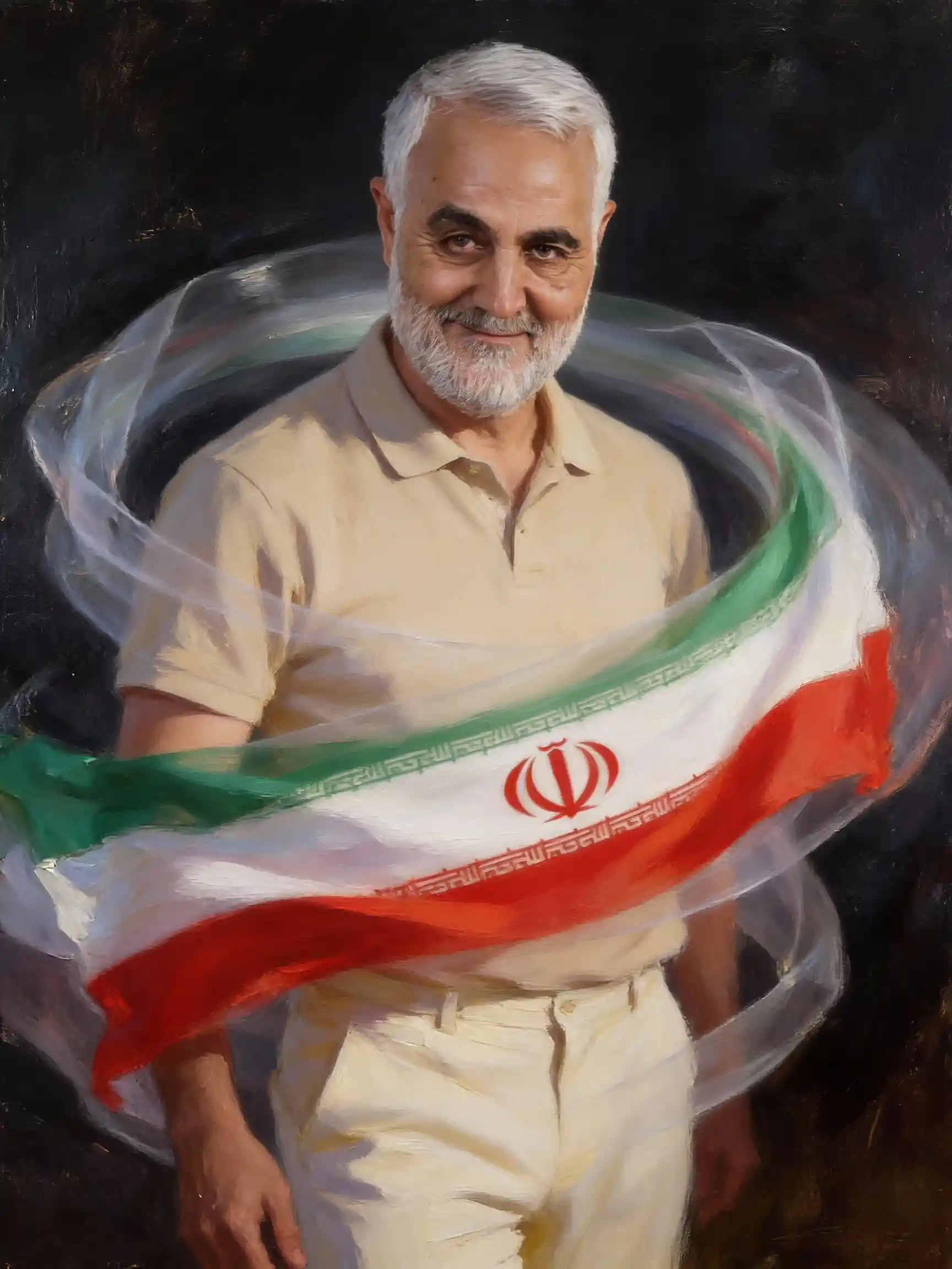 Anziano che sorride mentre la bandiera iraniana vortica intorno a lui