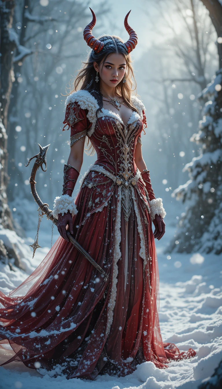 穿著聖誕裝的惡魔獨自站在冬日白雪中