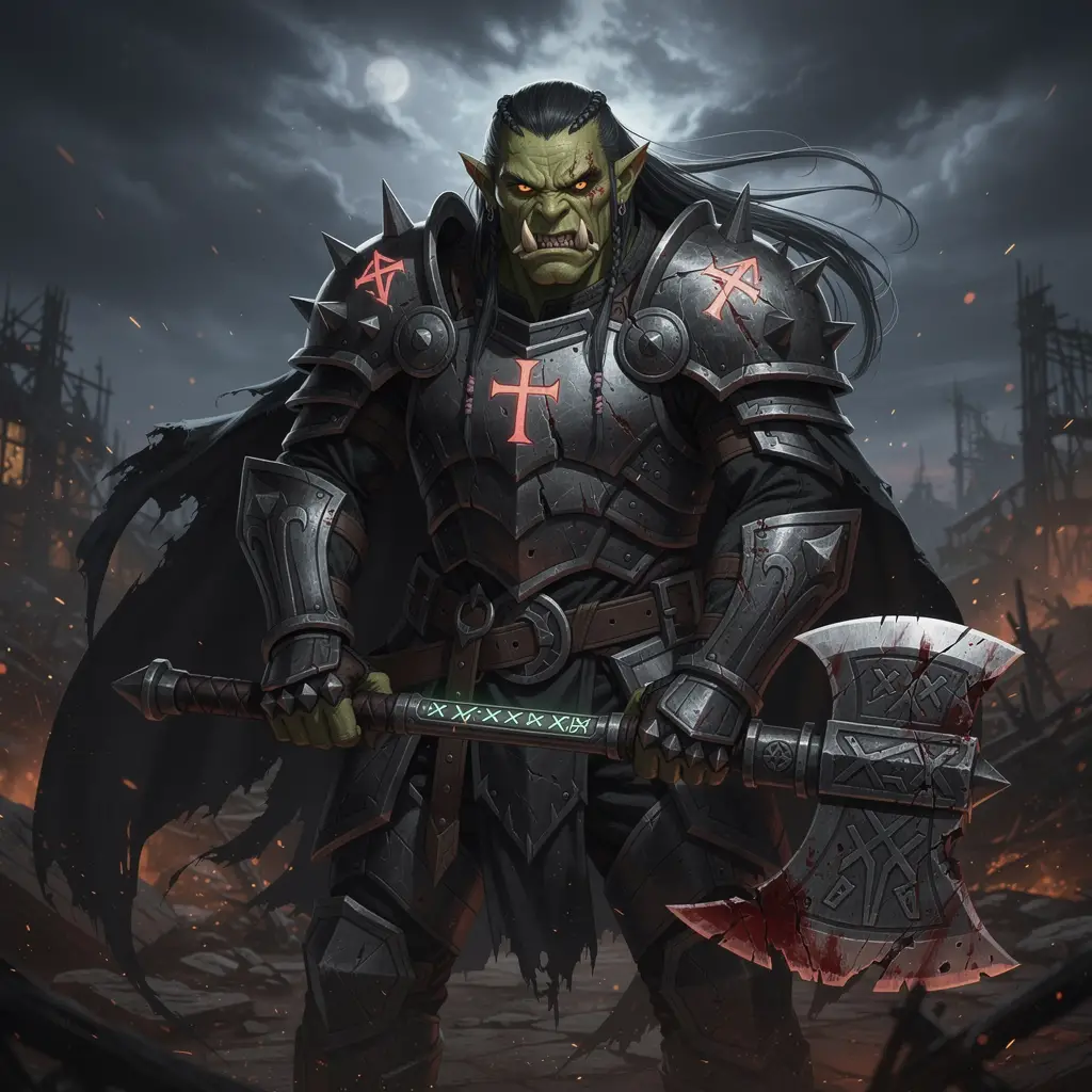 Vengeful half orc paladin in dark armor with battle axe