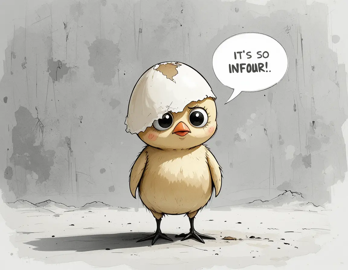 Sad cartoon chick with eggshell hat in gray minimal space