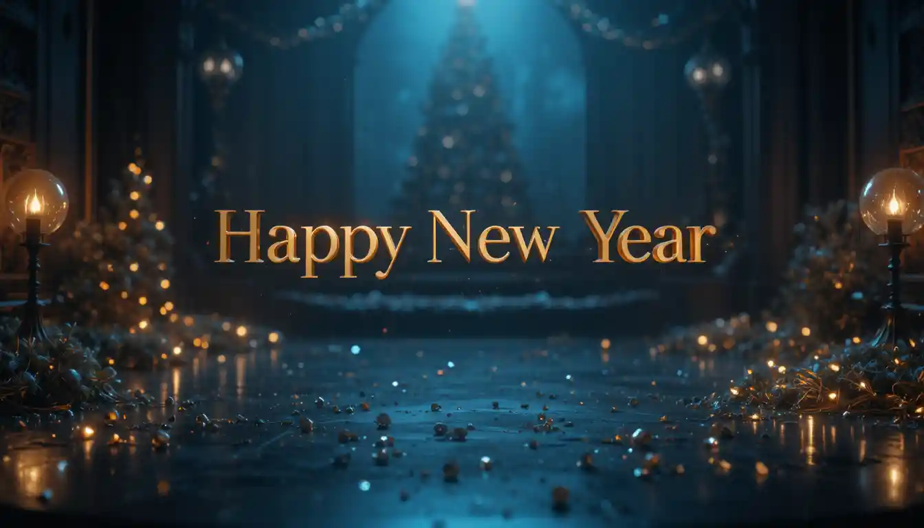 Lujoso título de película de feliz año nuevo dorado sobre fondo oscuro