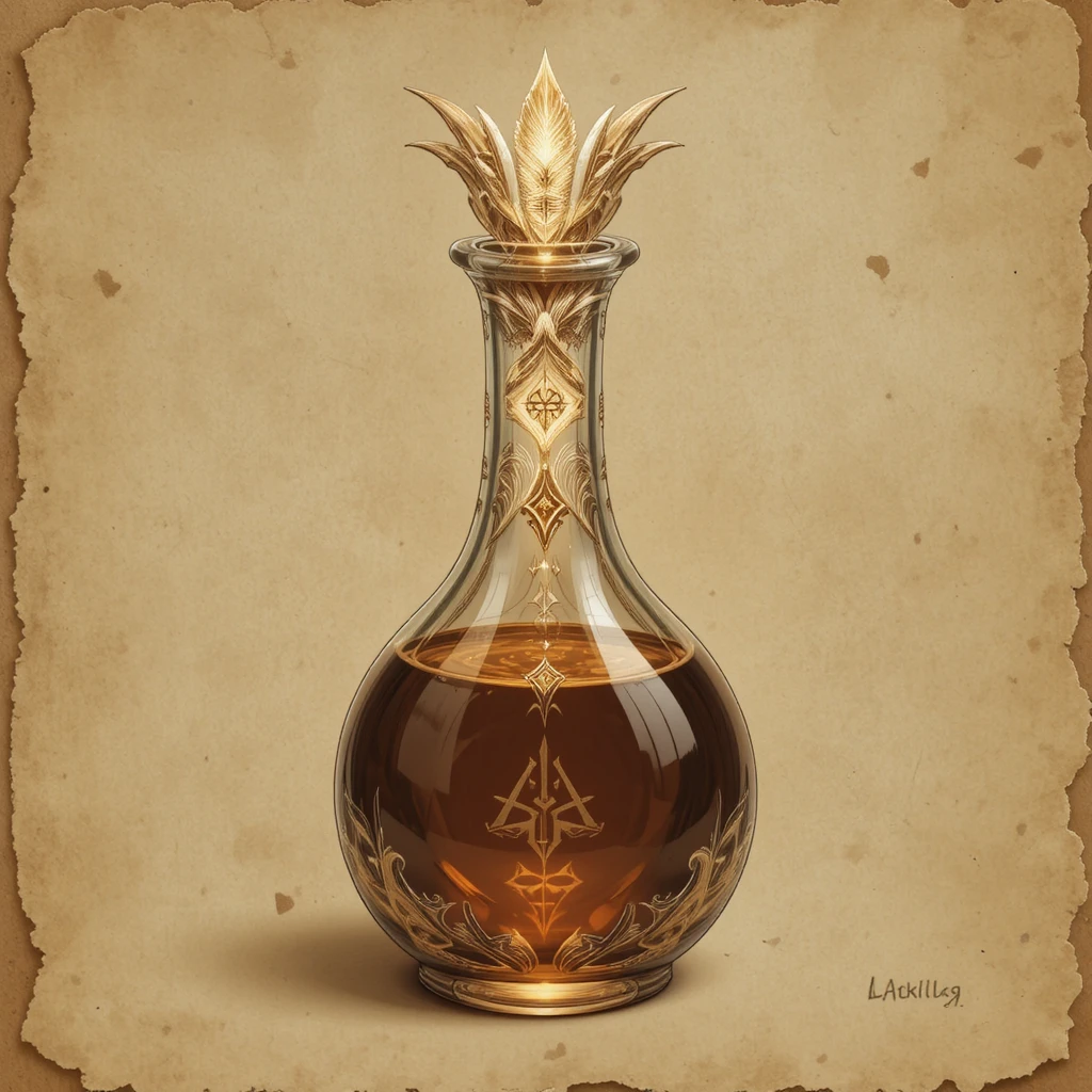 Fantasy potion bottle with glowing runes on parchment background