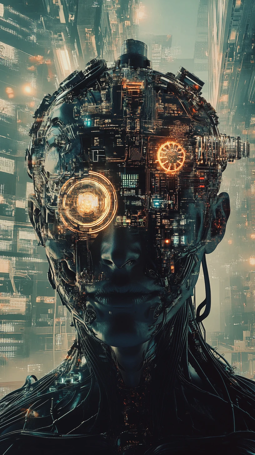 Anatomia di un cyborg cablata in un oscuro laboratorio industriale