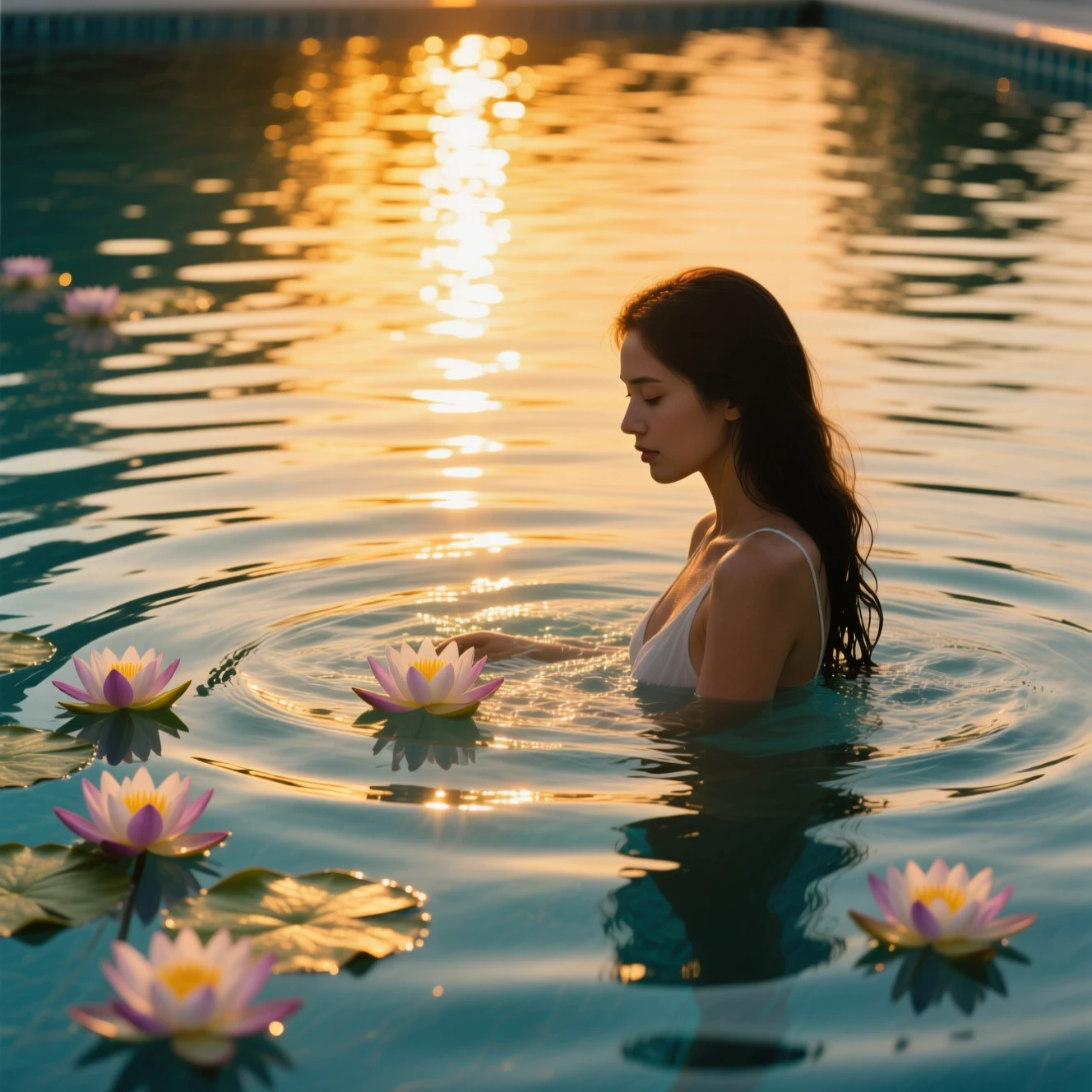 Woman walking into a lotus filled pool at sunset
