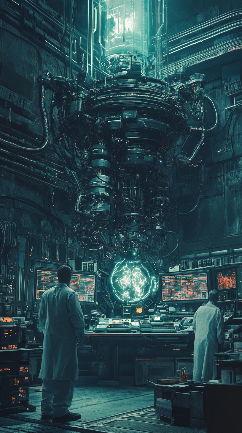 Cyborg anatomy in a dark industrial laboratory scene