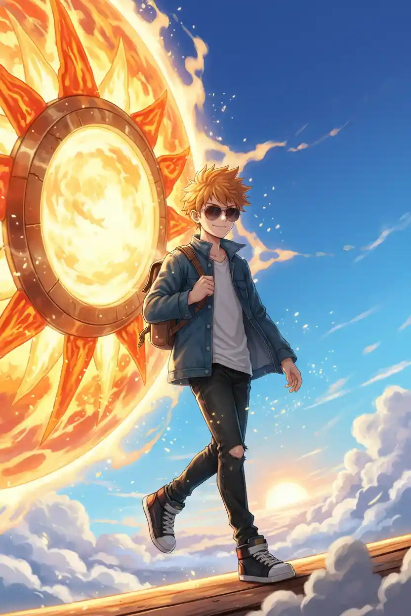 Ragazzo anime che scende da una nave solare luminosa