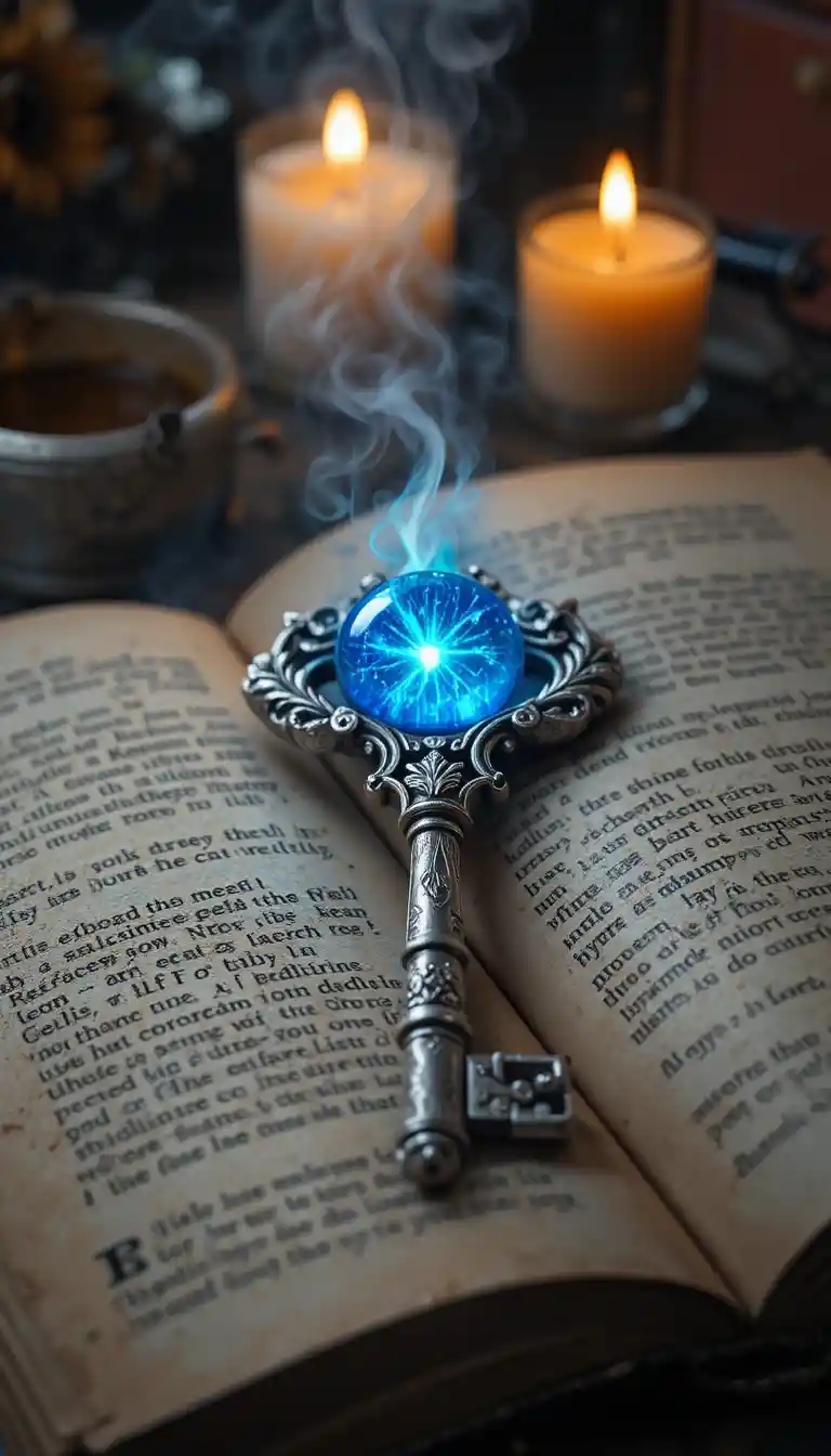 Ornate silver key on ancient book in candlelit glow