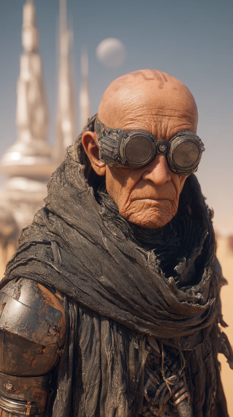 Bald man with cybernetic arm standing alone in the desert