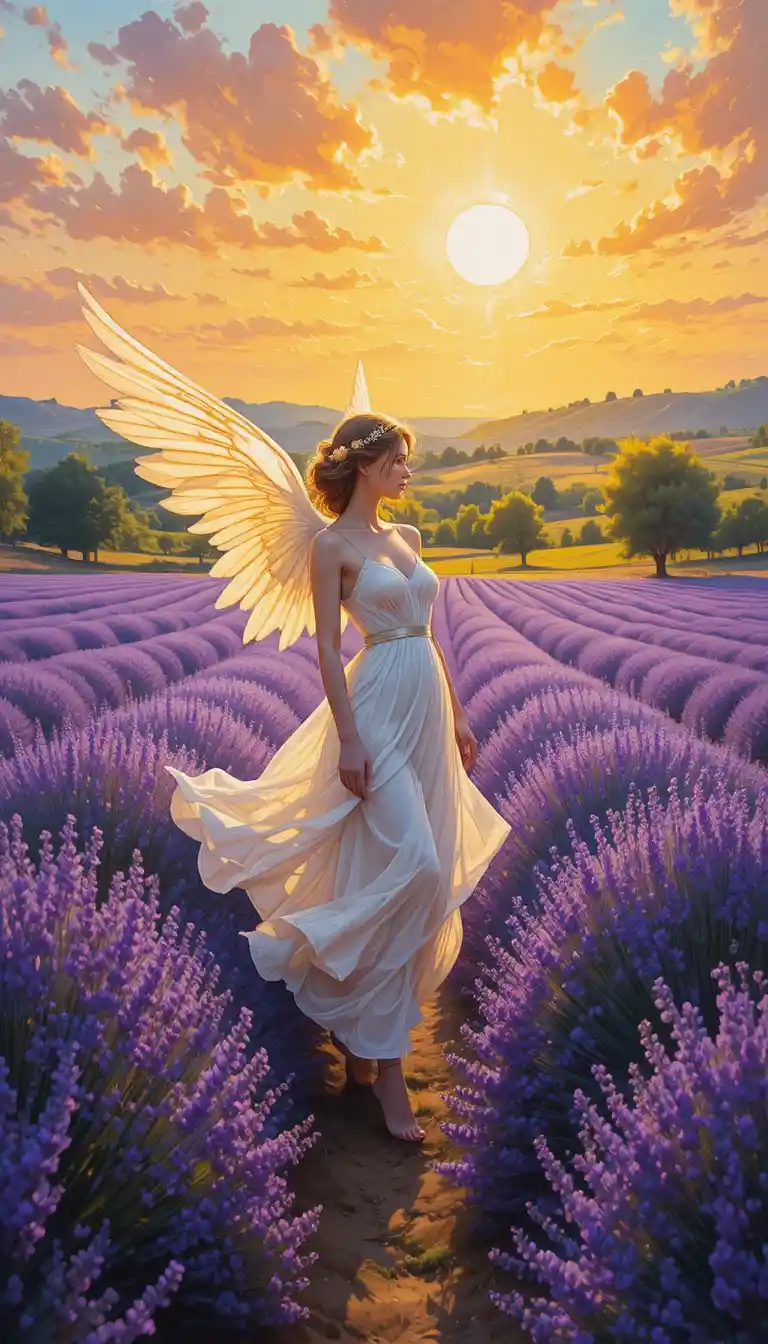Angelic figure in a sunlit lavender field in Provence