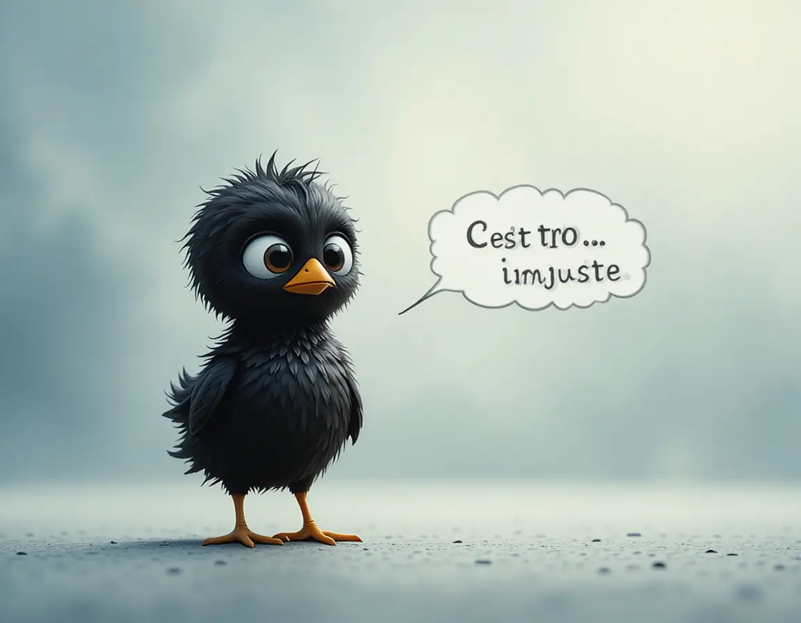 Sad cartoon chick standing alone against soft blurred background