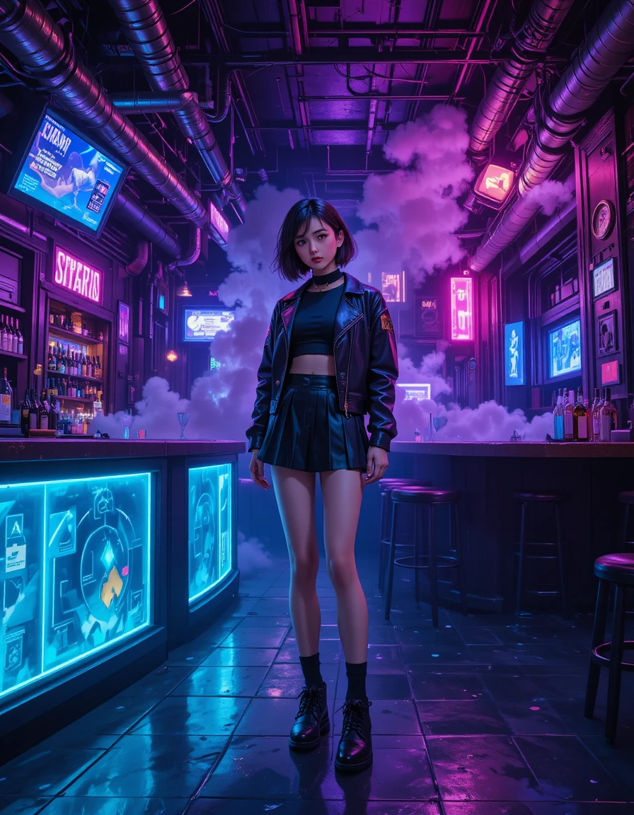 Rebellious Anime Girl In Neon Lit Cyberpunk Tavern