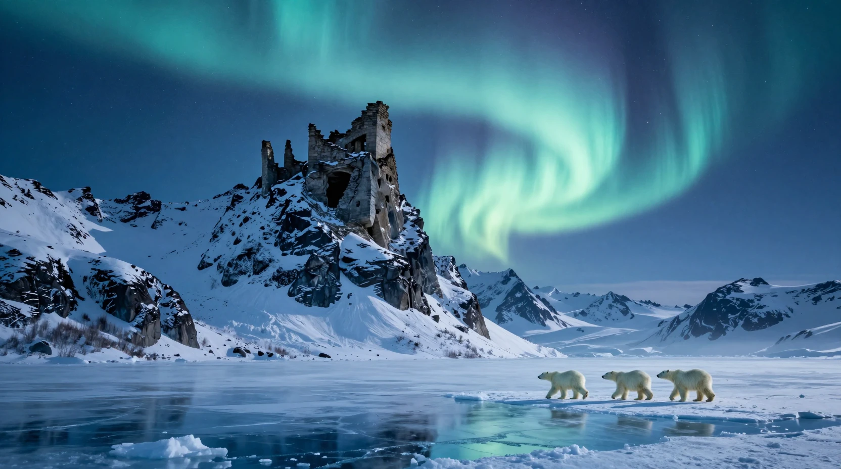 Snowy mountains beneath aurora with ancient ruin at night