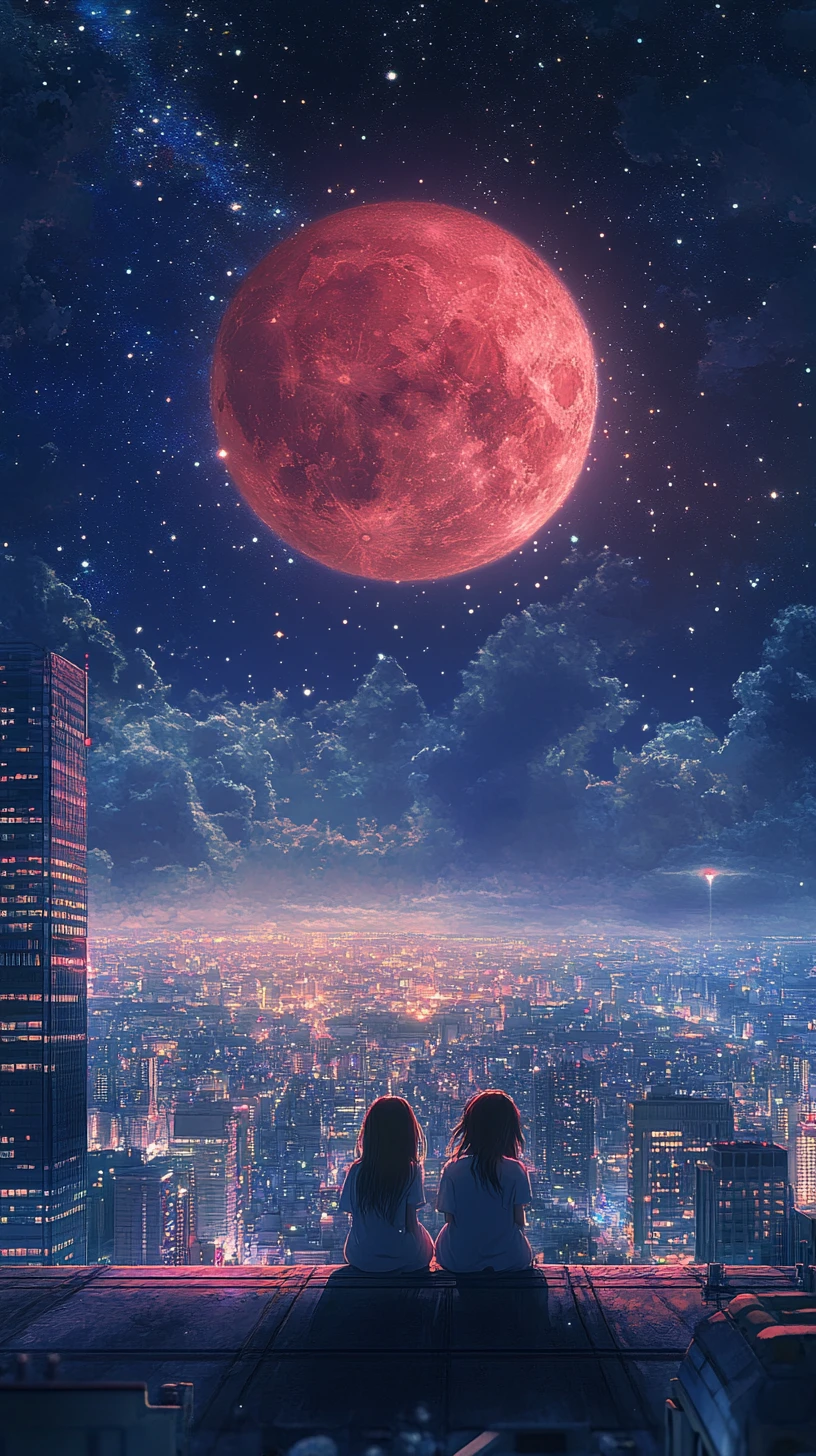 Anime girls on a skyscraper rooftop under a blood moon