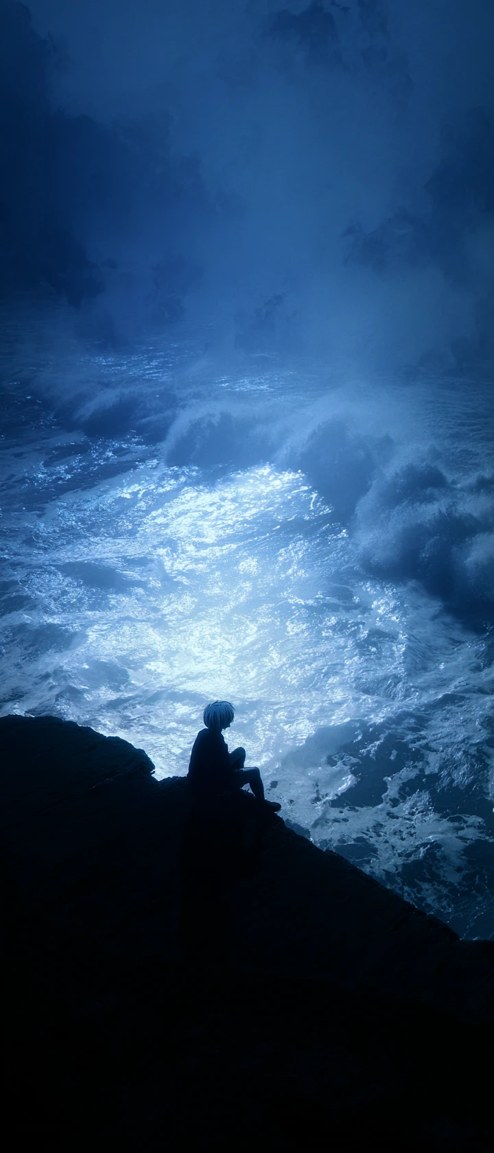 Solitary figure on rocks above a stormy sea at night