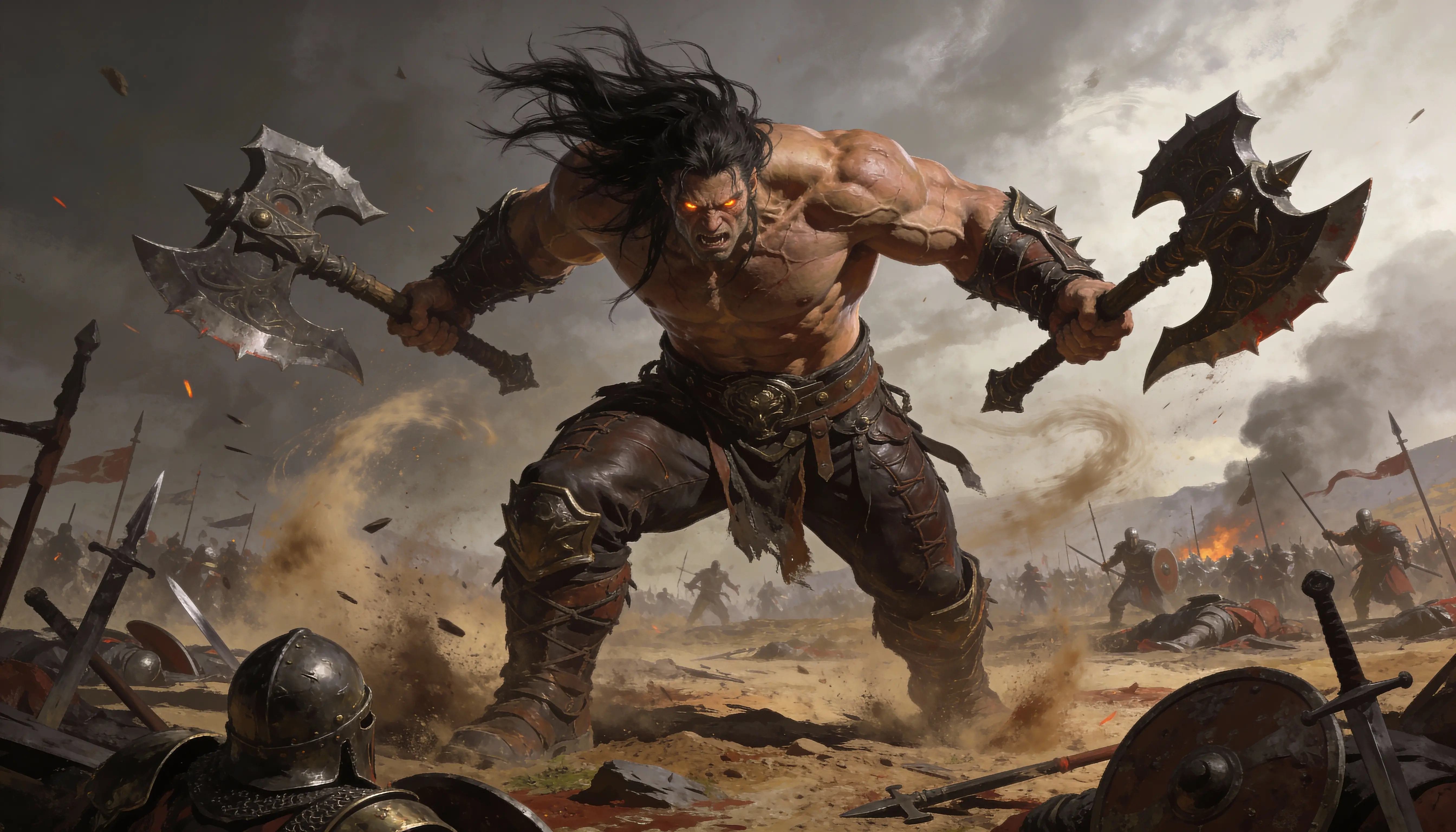 Muscular warrior wielding axe on chaotic medieval battlefield