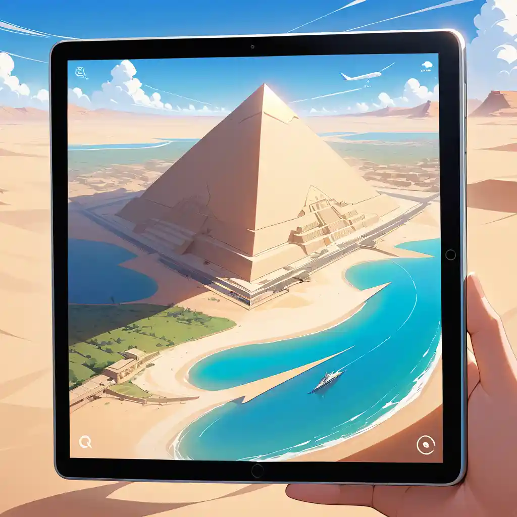 Hand hält Smartphone als 3D-Portal zu einer ägyptischen Wüstenszene