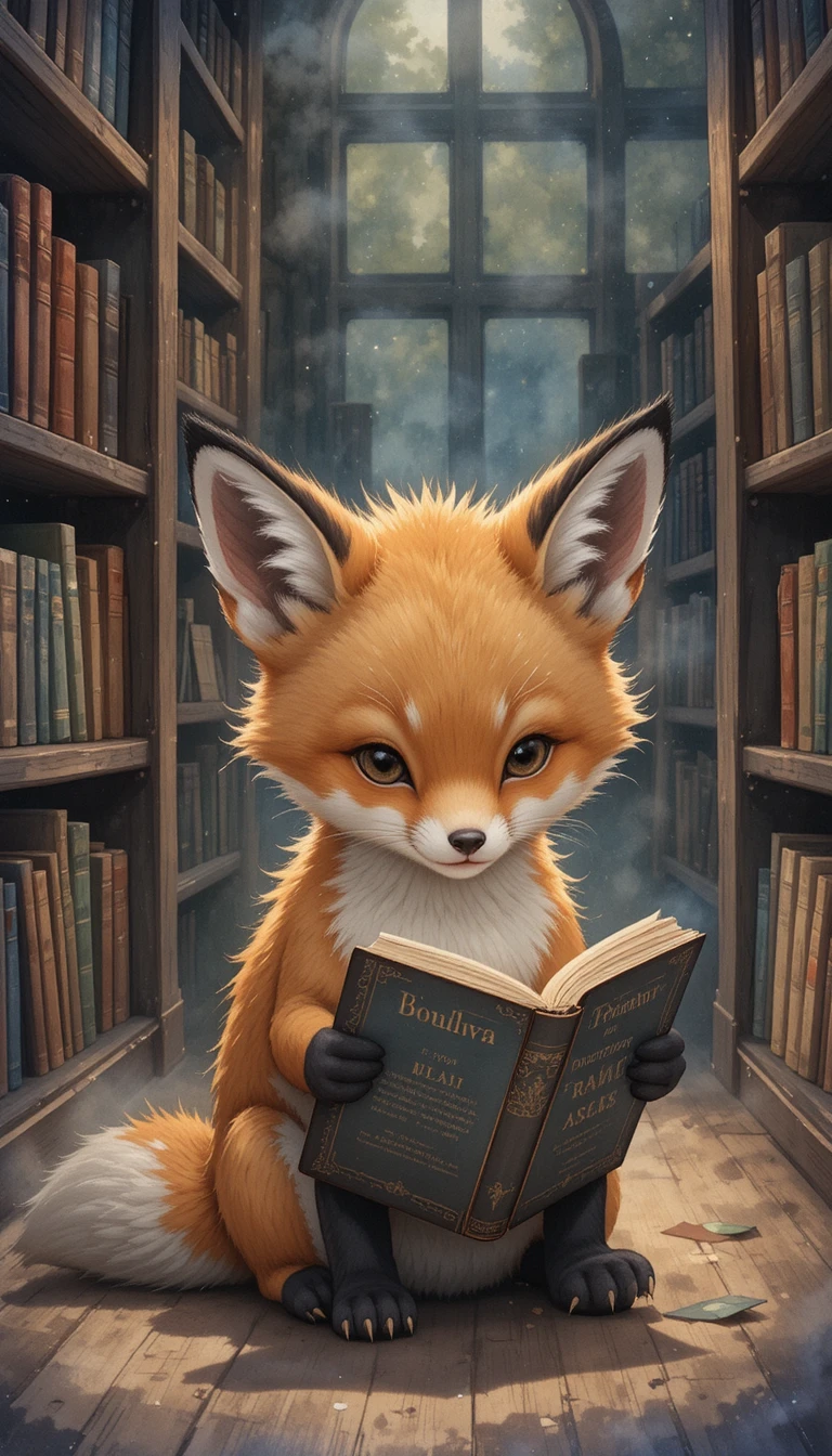 Adorável filhote de raposa lendo em uma aconchegante biblioteca em aquarela