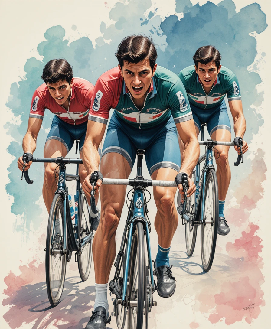 Watercolor illustration of three vintage cyclists racing hard