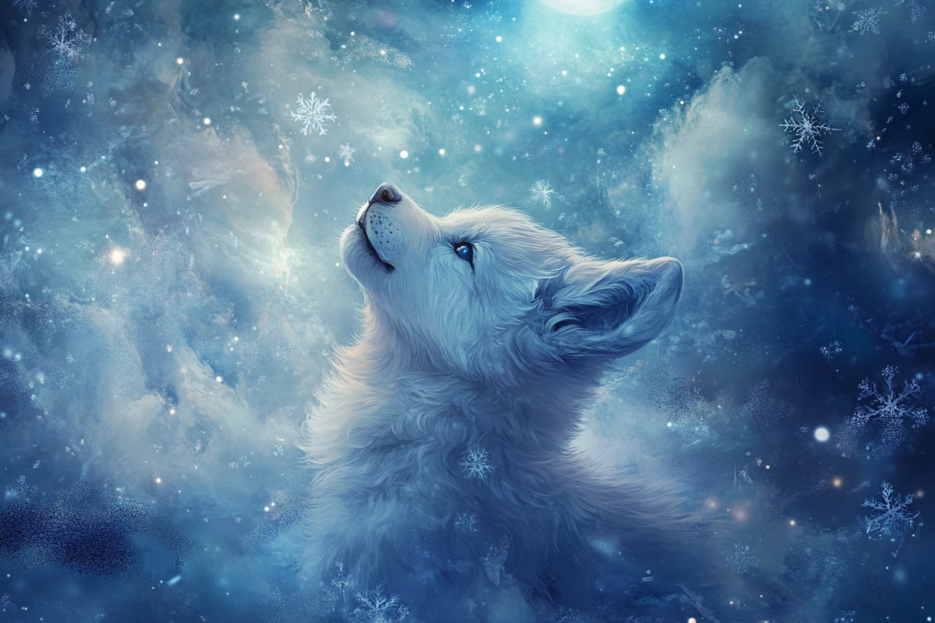 Cucciolo di lupo che ulula alla luna in una foresta invernale incantata