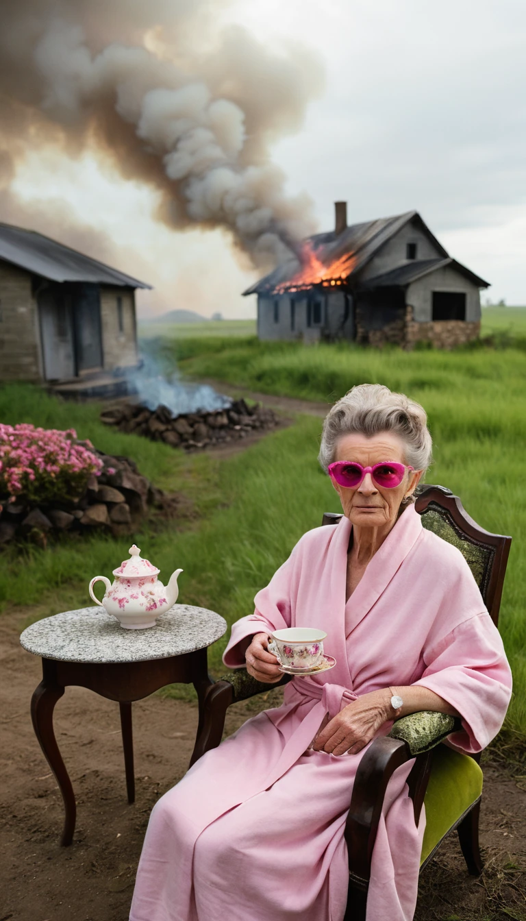 Femme âgée en rose dans un fauteuil devant une ferme en flammes