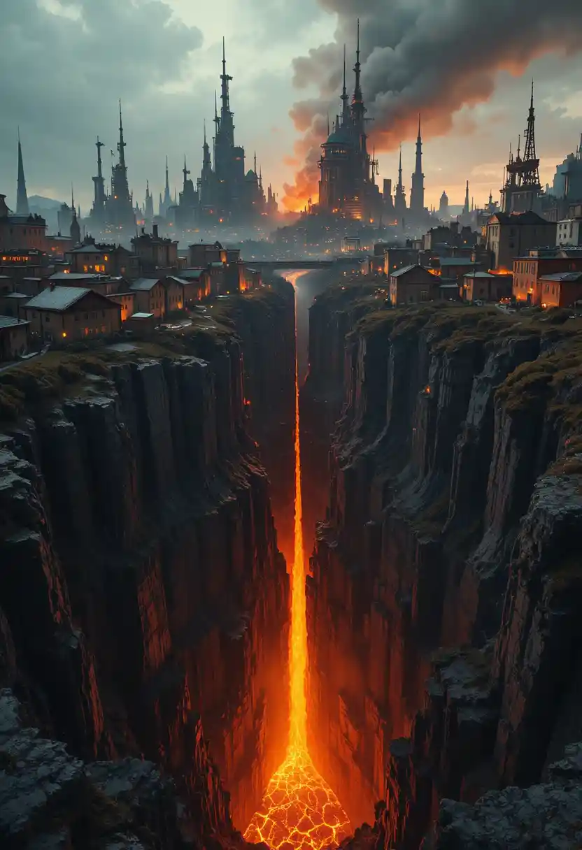 Colossal dystopian city rising over a glowing abyss