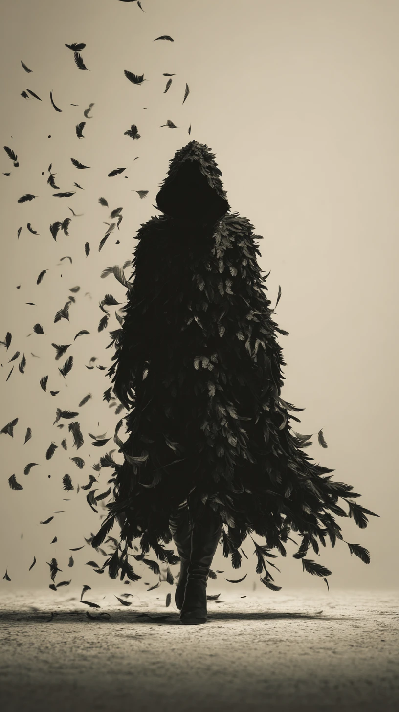 Cloaked feathered figure walking in soft sepia light