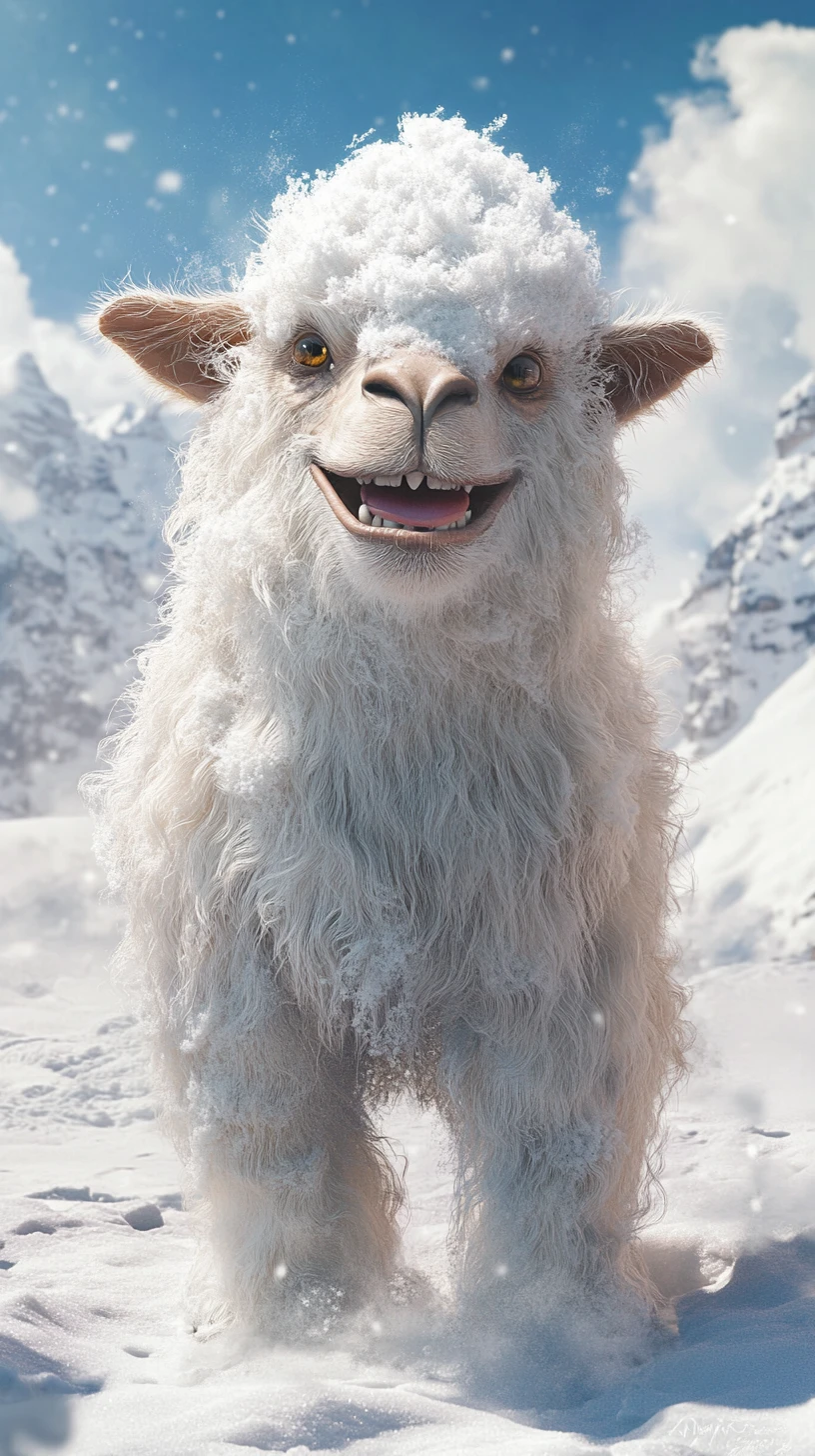 Criatura fantástica alegre cubierta de nieve en paisaje invernal