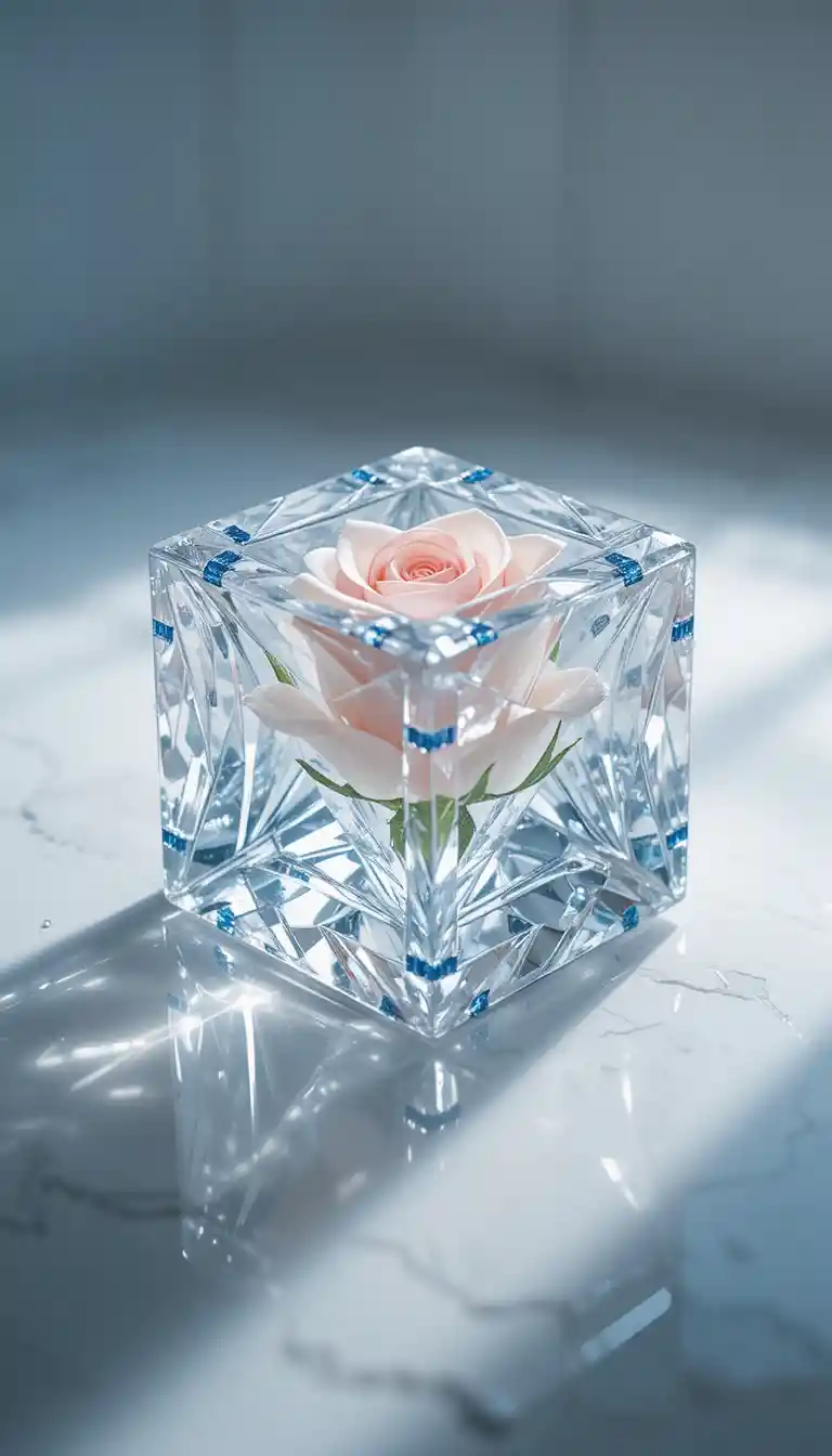 Crystal ice cube with diamond facets and a frozen rose
