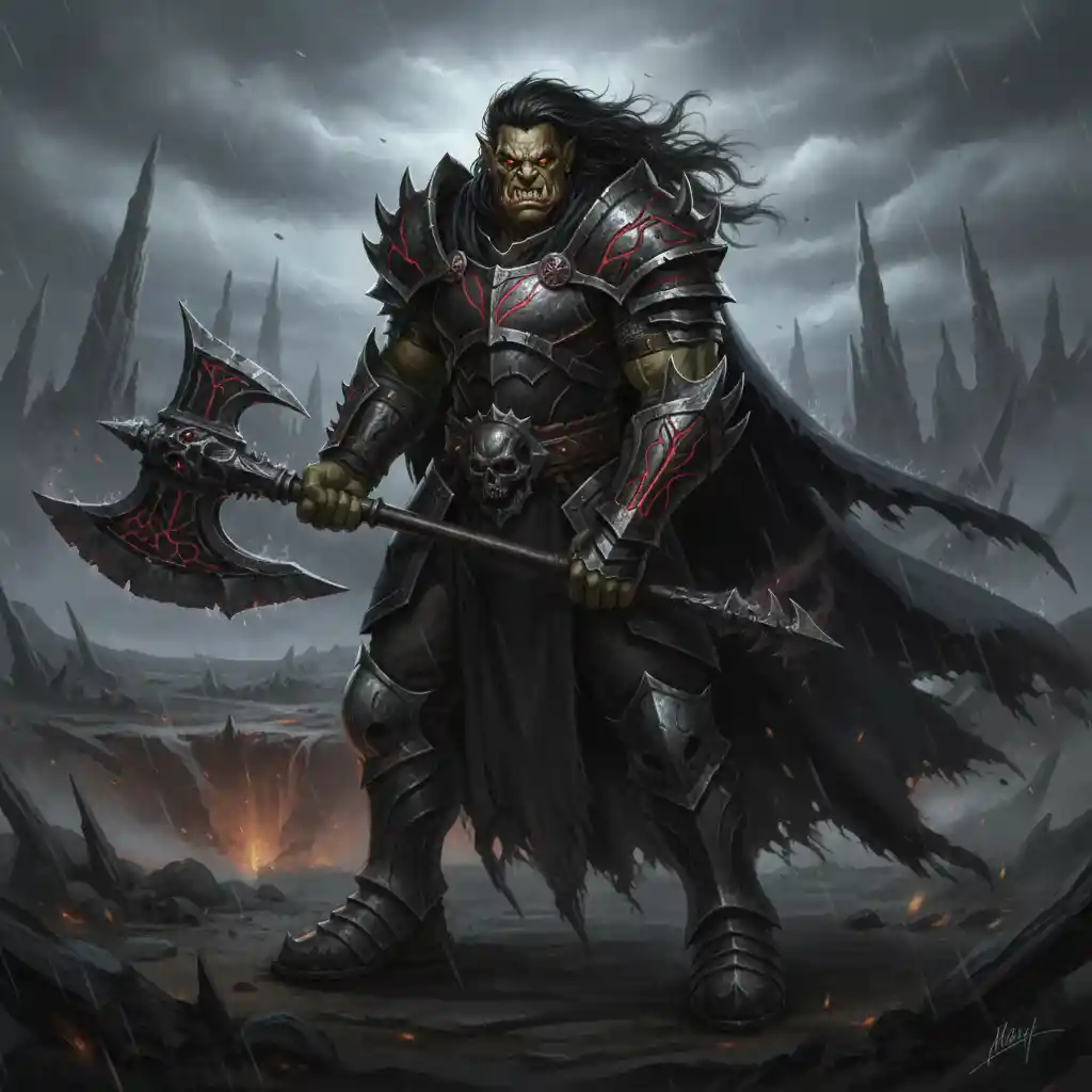 Vengeful half orc paladin in dark armor with battle axe