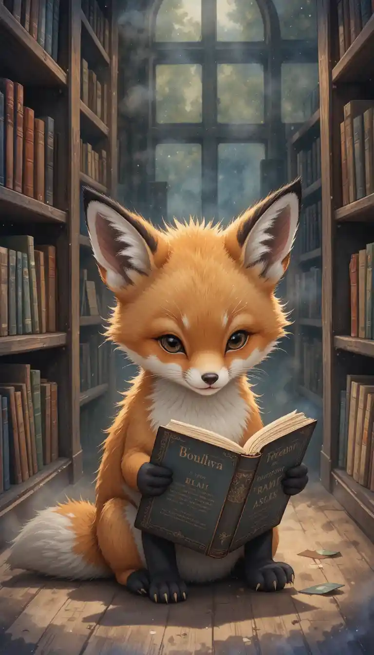 Adorable cachorro de zorro leyendo en una acogedora biblioteca en acuarela