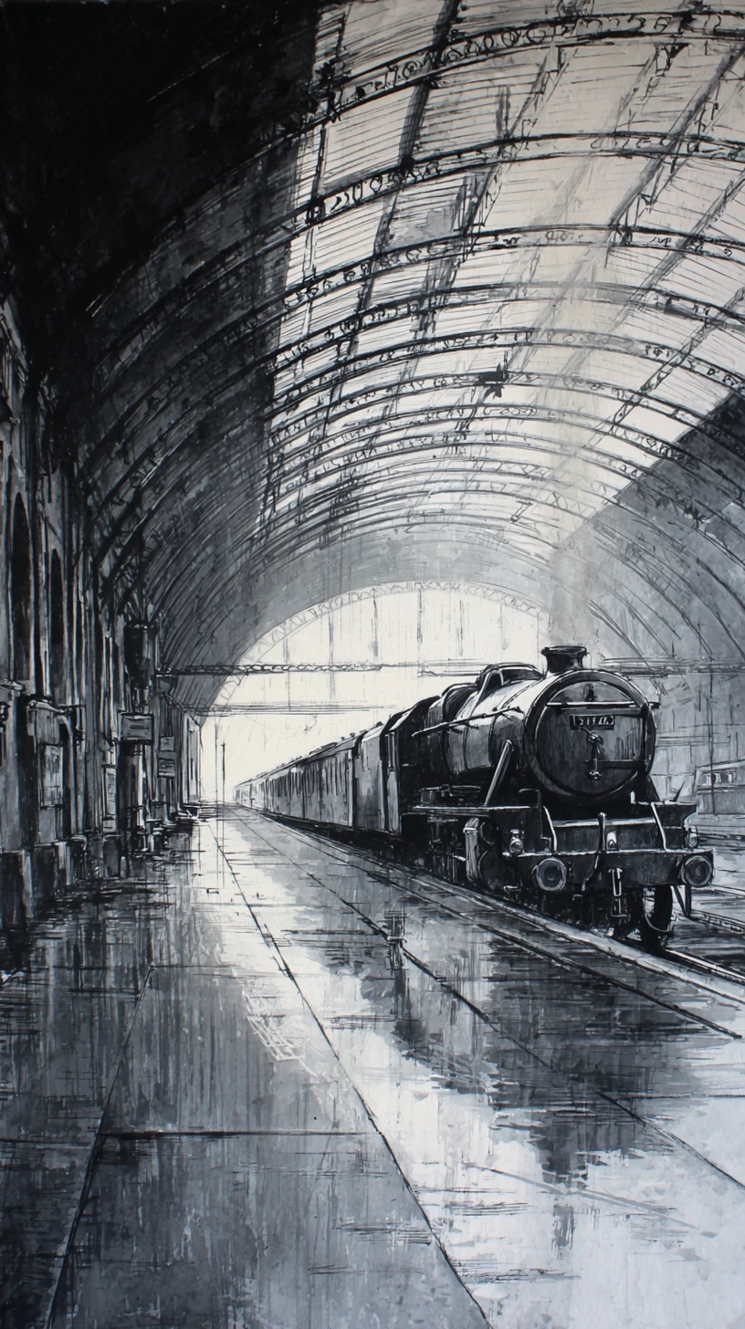 Historische Dampflok in einer weitläufigen gewölbten Bahnhofshalle