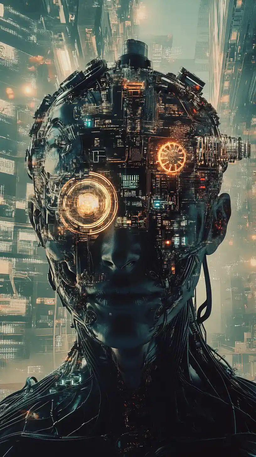 Cyborg anatomy wired in a dark industrial laboratory