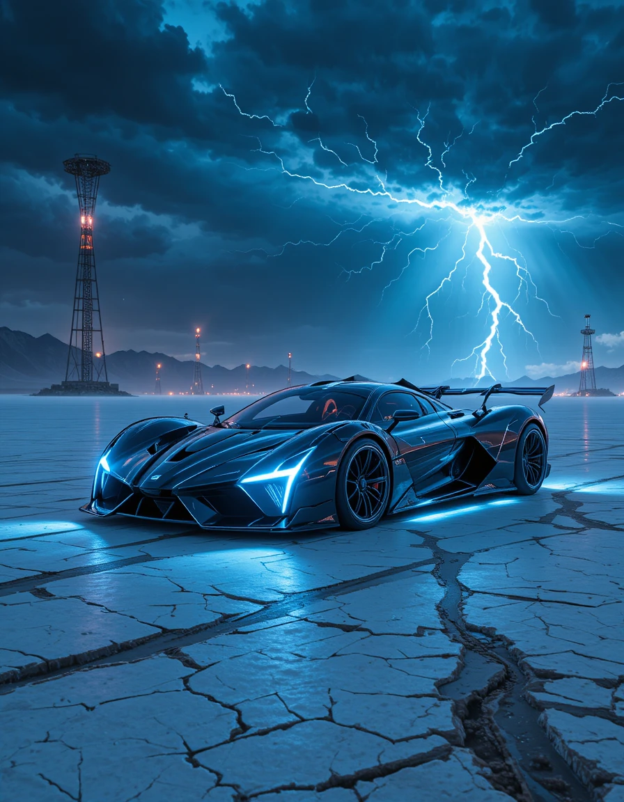Hypercar cyberpunk che sfreccia in un deserto di sale futuristico