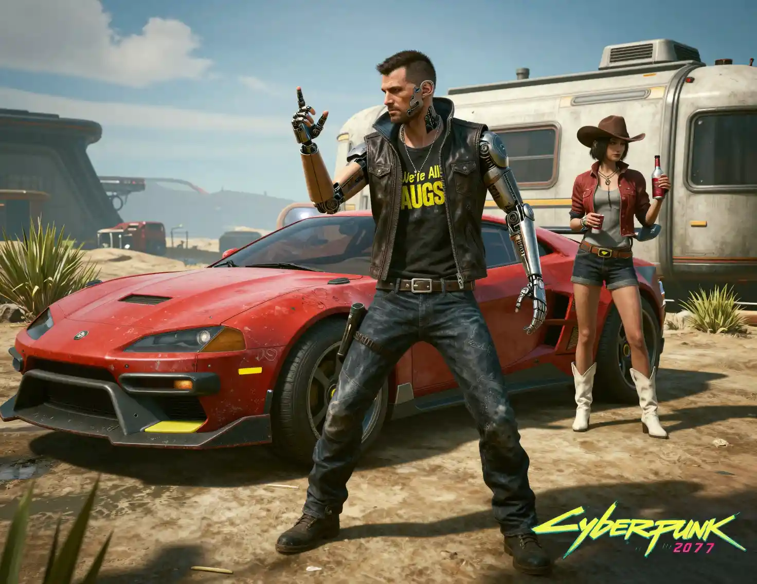 Cyberpunk cyborg man posing by dusty futuristic car