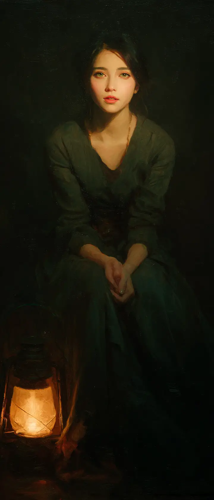 Hopeful woman beside a lit lamp in dim room