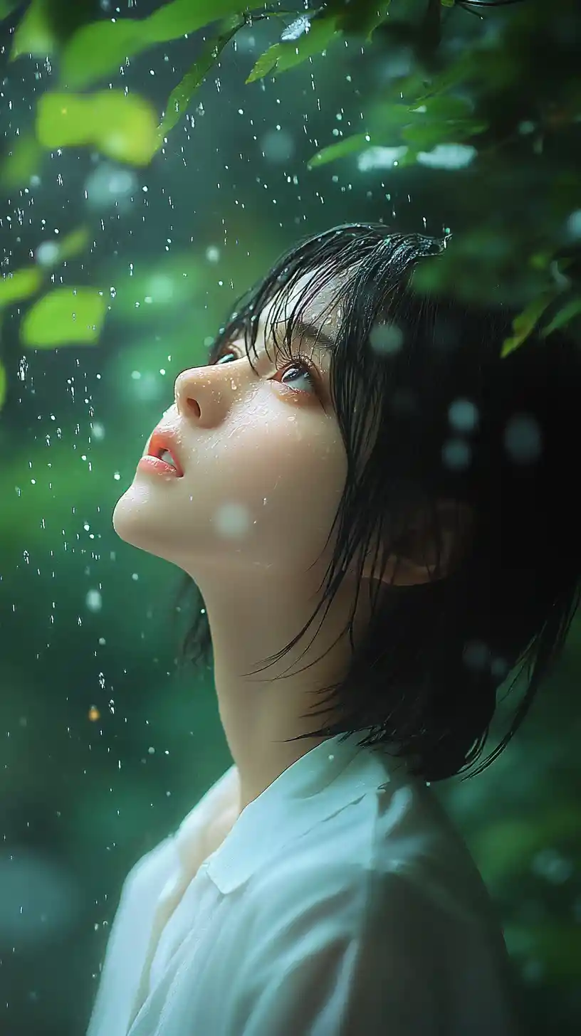 Anime girl in soft rain looking up through tears
