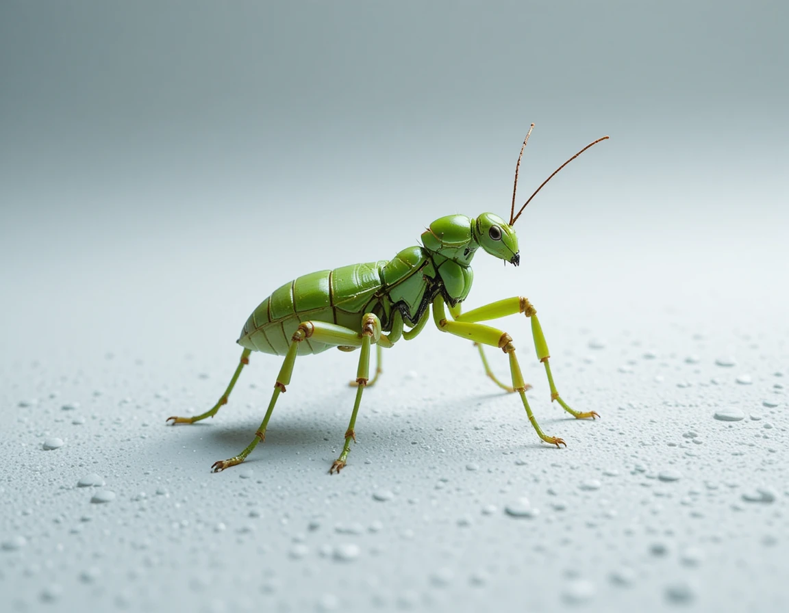 Green praying mantis in profile on textured white background