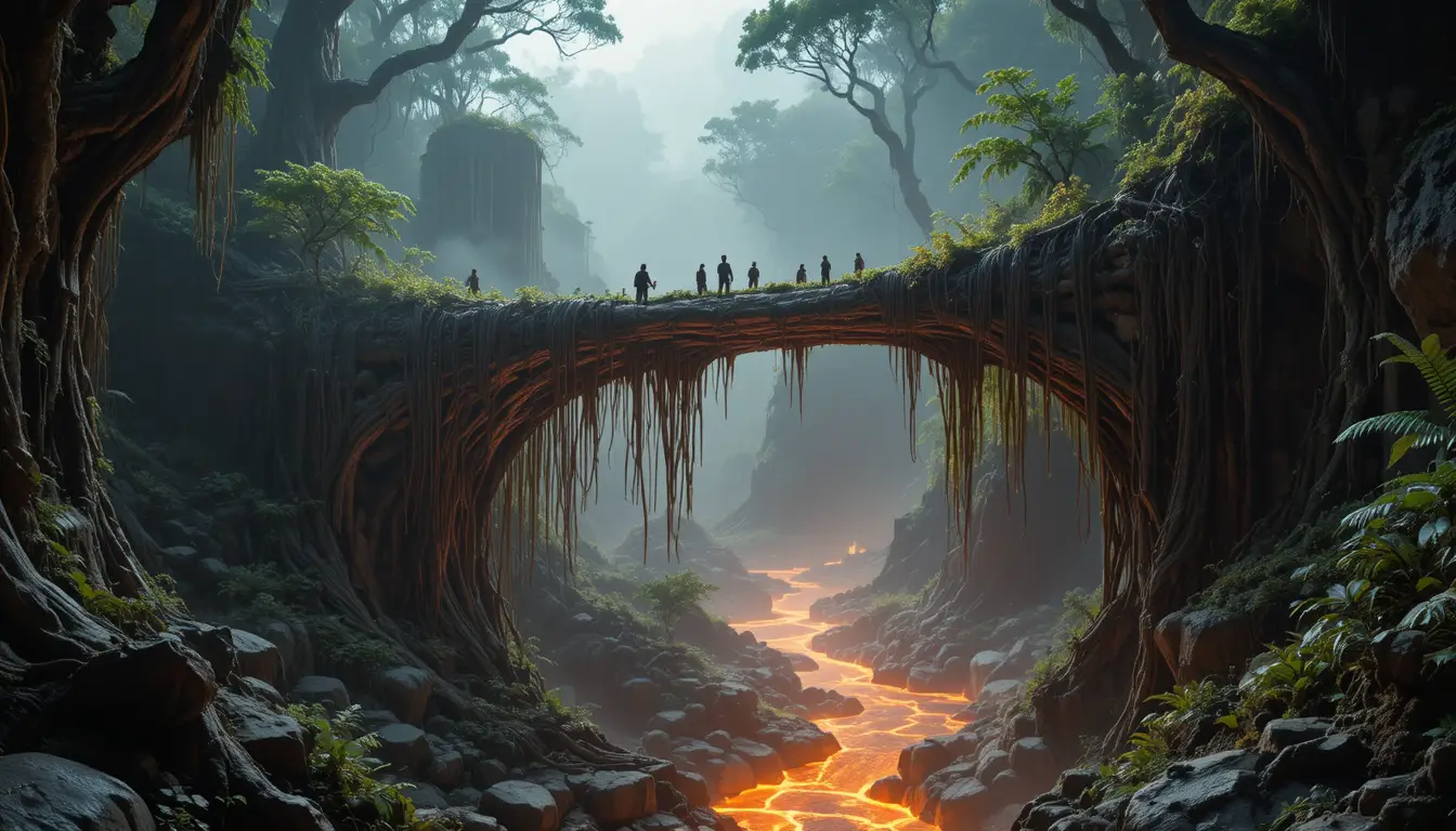 Glowing Root Bridge Over Magma River On Jungle World
