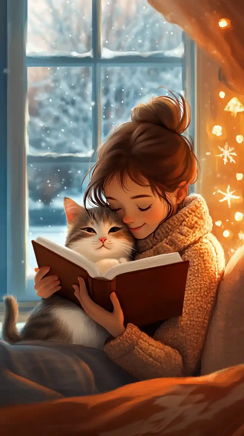 Cute girl reading by the window with her cat