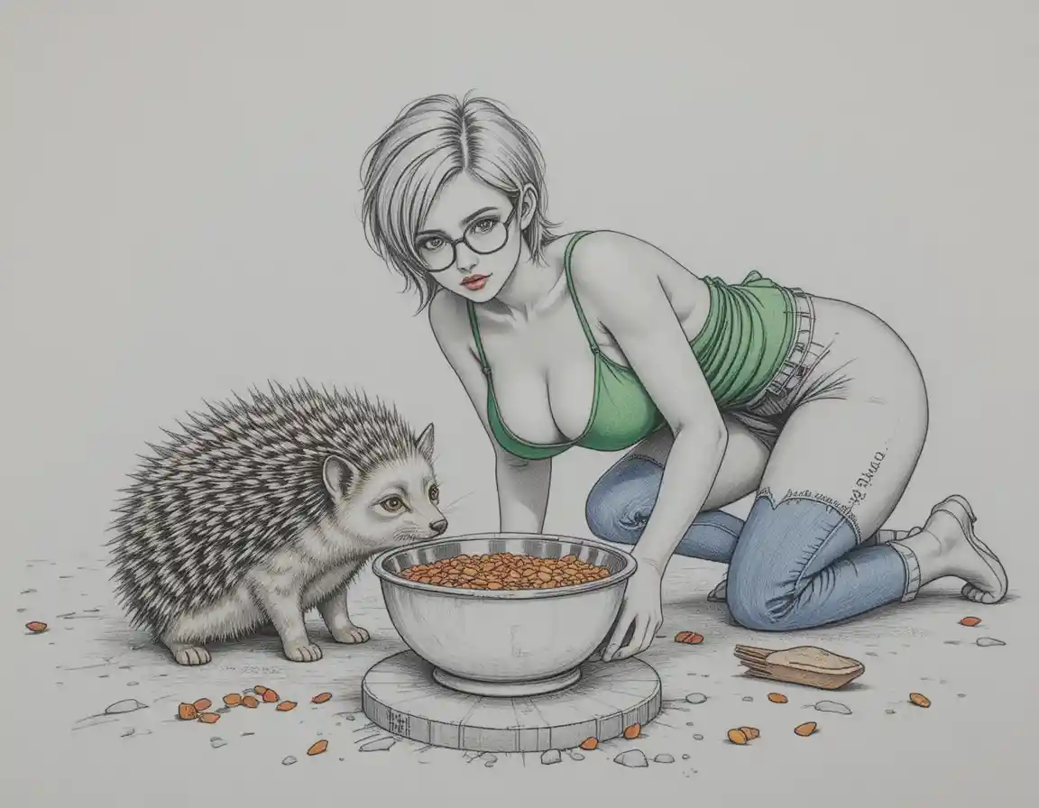 Riccio e gatto tigrato che condividono il cibo su un pavimento di cemento