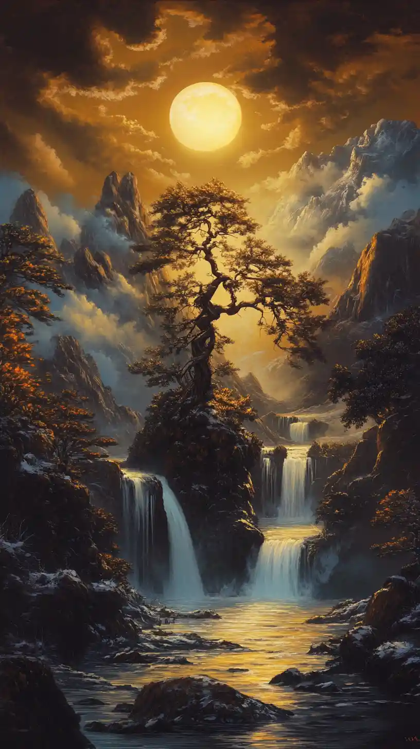 Majestätische winterliche Fantasielandschaft mit goldenem mondbeschienenem Himmel
