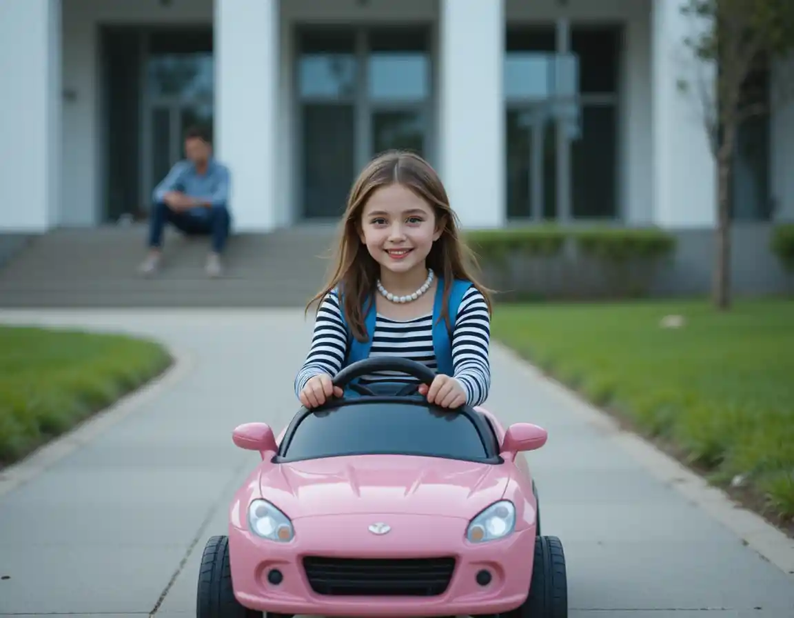 Little boy driving pink toy car on concrete path