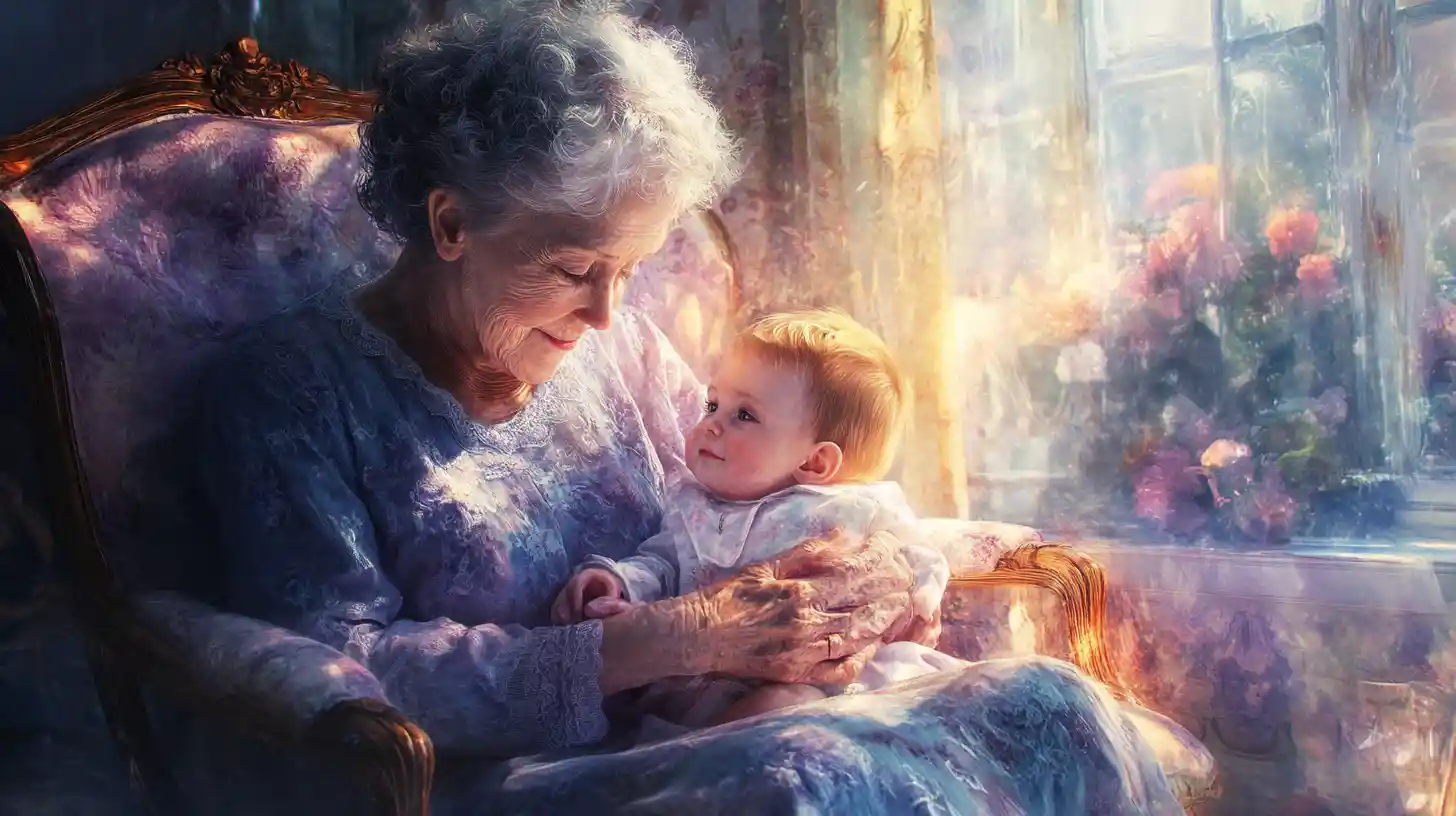 Grandmother Holding Baby In Cozy Shabby Chic Living Room
