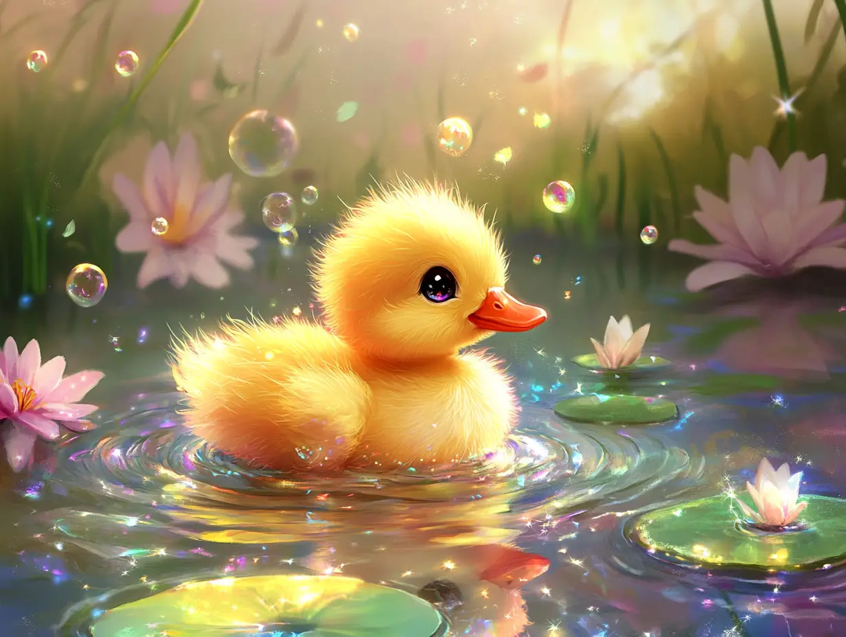 魔法のように光る幻想的な池のかわいい子ガモ