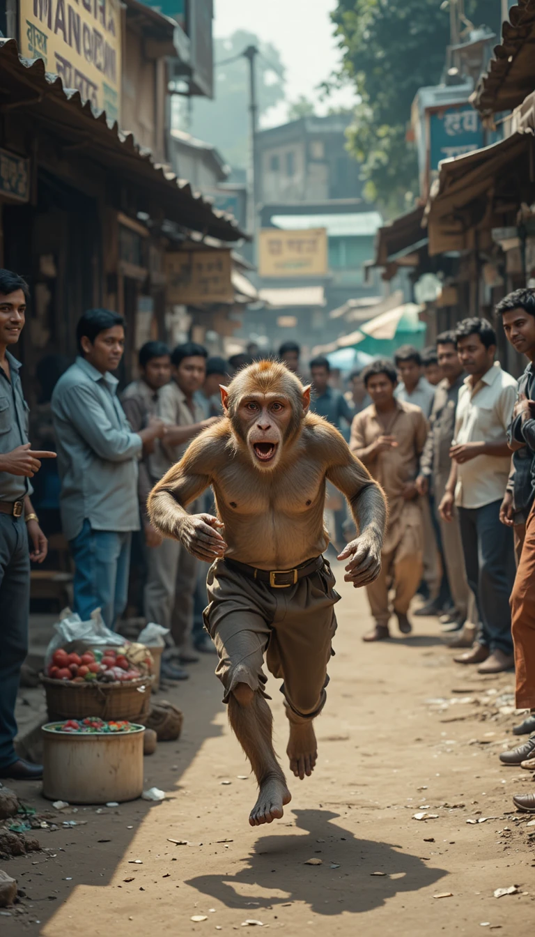 Monkey fleeing a small Indian street shop in daylight
